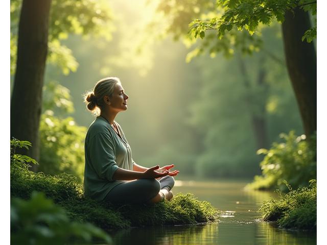 Mężczyzna medytujący w spokojnej pozycji w otoczeniu zieleni i natury, symbolizujący redukcję stresu i mindfulness.
