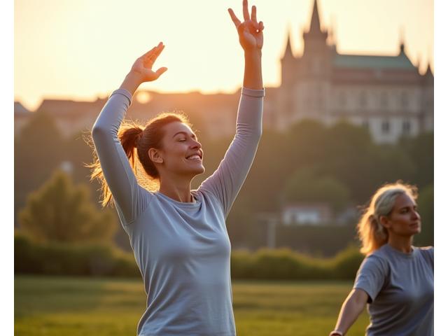 Kobieta i mężczyzna w wieku około 40 lat uśmiechają się, ćwicząc jogę na tle malowniczego Krakowa, z widokiem na Wawel. Promienie słońca delikatnie ich oświetlają.